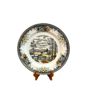Vtg MEADOW 10 1/2 inch Dish Plates Farmhouse Scene - Multi Color Grayish Cottage